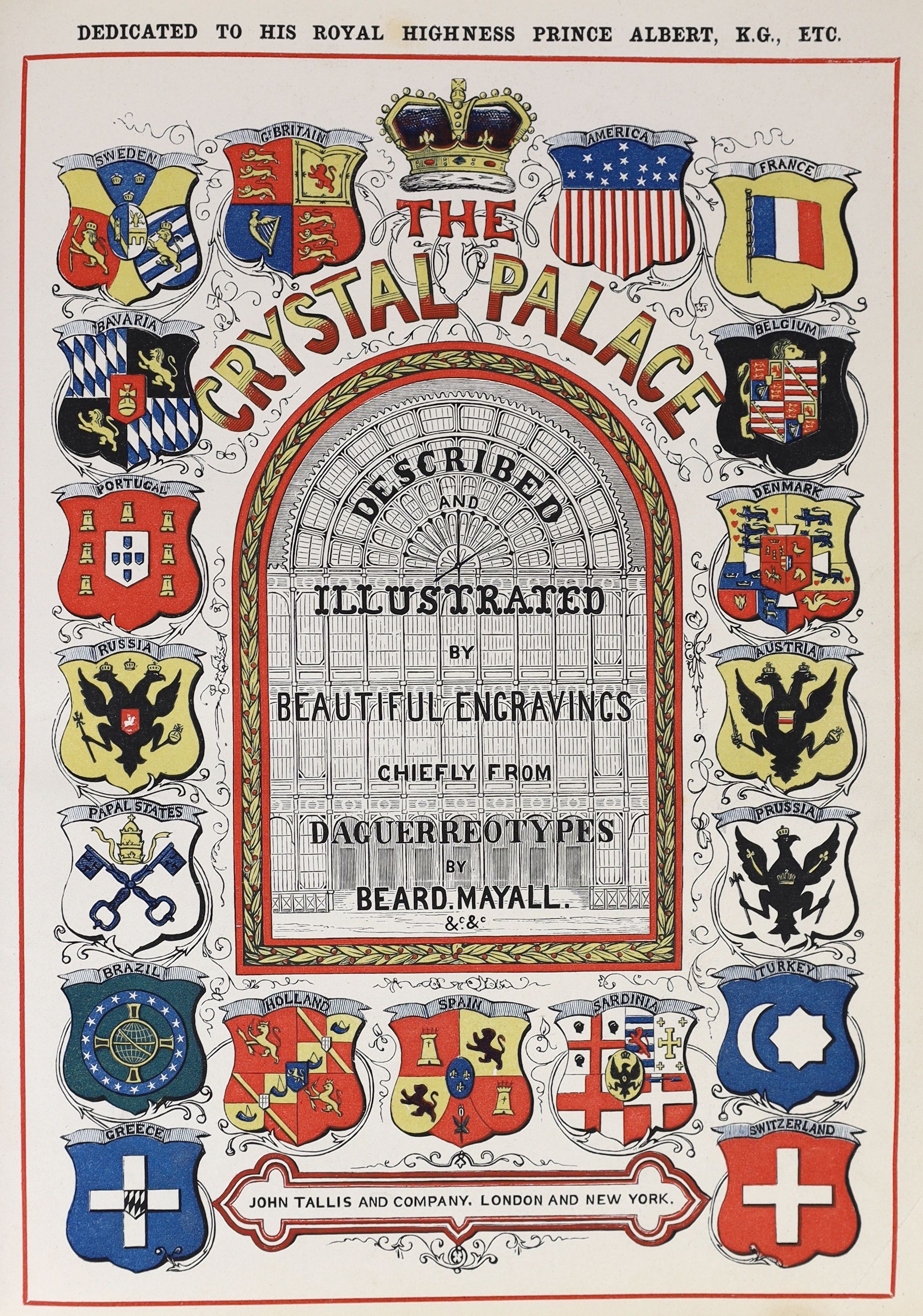 Tallis, John & Co., - History and Description of the Crystal Palace, 3 vols in 2, morocco gilt by John Waterer, tear to frontis repaired, London, [1851-54], together with, ‘’The Crystal Palace Penny Guide’’, 4to, 10pp.